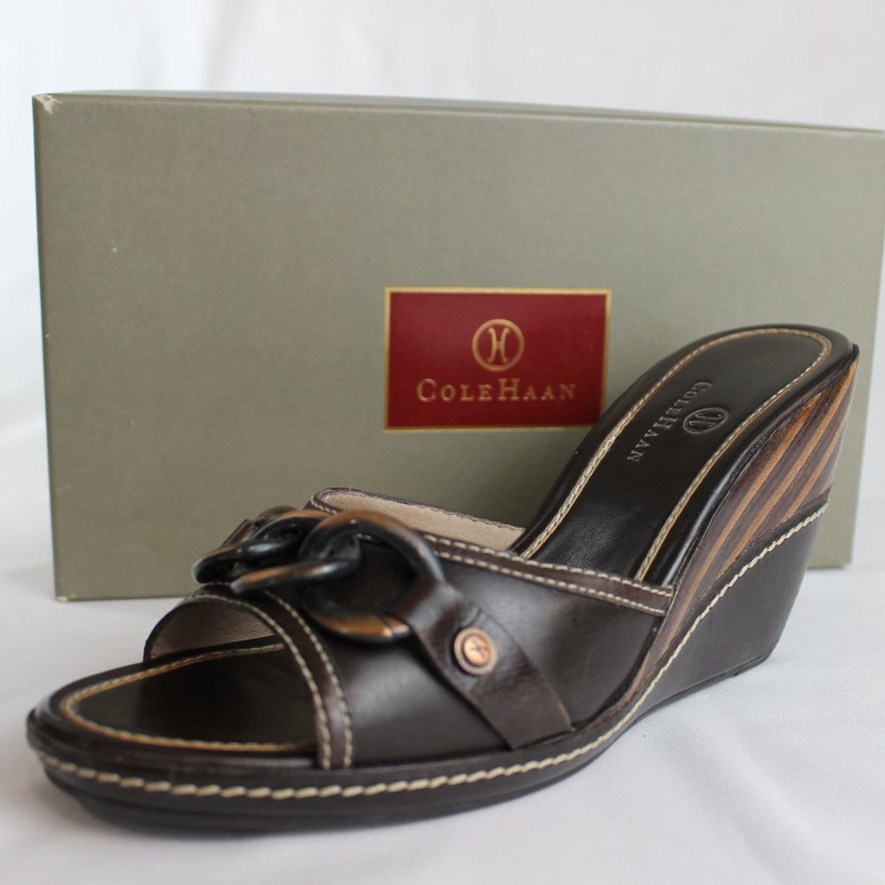 Cole Haan Kina Leather Sandal Slides - Elegant Brown Wedge - Picture 3 of 5